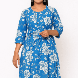 Hawaiian Floral Print Dress, Blue and White, Summer Beach Style
