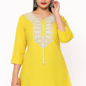 Women's Yellow Polka Dot Dress with Lace Embroidered Neckline, Long Sleeves