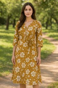 Floral Print Wrap Dress, V-Neck, 3/4 Sleeve, Mustard Yellow with White Flowers, Knee Length