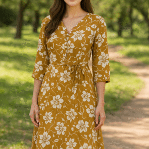Floral Print Wrap Dress, V-Neck, 3/4 Sleeve, Mustard Yellow with White Flowers, Knee Length