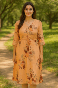 Floral Print Midi Dress, 3/4 Sleeve, V-Neck, Peach Orange with Rose Pattern, Belted Waist