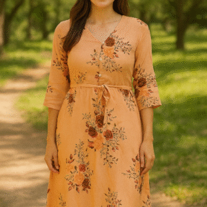 Floral Print Midi Dress, 3/4 Sleeve, V-Neck, Peach Orange with Rose Pattern, Belted Waist