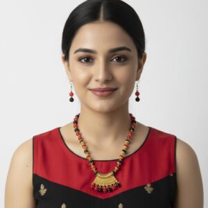 Bold Black & Red Beaded Choker with Golden Fan Pendant: Dramatic Flair