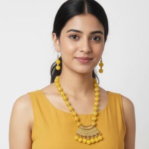 Handcrafted Yellow Jade Beaded Necklace Set with Gold-Toned Pendant and Matching Earrings, Traditional Indian Style