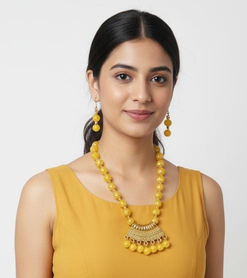 Handcrafted Yellow Jade Beaded Necklace Set with Gold-Toned Pendant and Matching Earrings, Traditional Indian Style