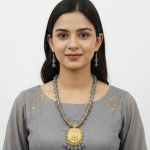 Rustic Gray Agate and Gold Sunburst Pendant Necklace Set: Effortless Fusion