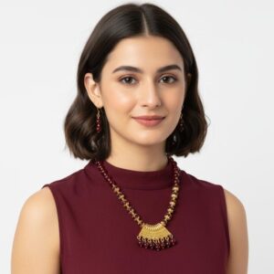 Festive Maroon Beaded Gold-Toned Short Necklace Set