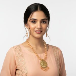 Peach Crystal Bead and Coin Pendant Necklace Set