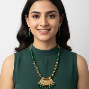 Handcrafted Green Beaded Necklace Set with Gold-Toned Pendant