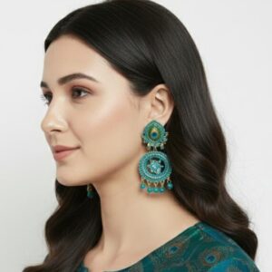 Teal Peacock Enamel Statement Chandelier Earrings